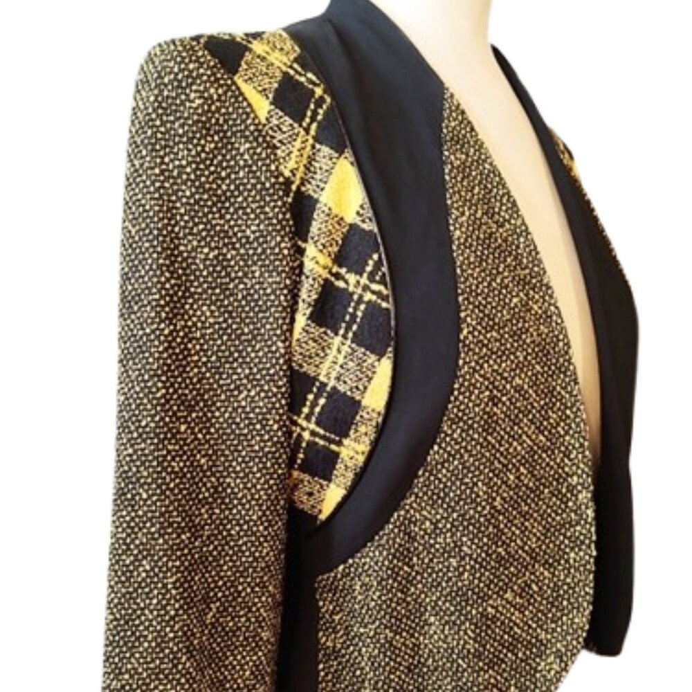1990s Vintage Black & Yellow Color Blocked Cropped Short Jacket Mixed Fabrics - Picture 6 of 7